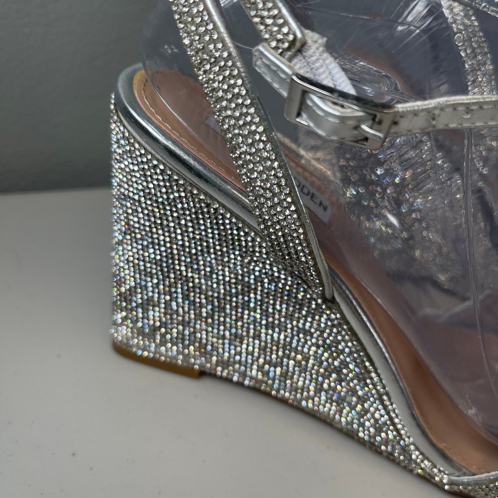 Steve Madden Sophey Sz 10 Silver Rhinestone Wedge Sandals Ankle Strap Sparkly - Picture 4 of 13